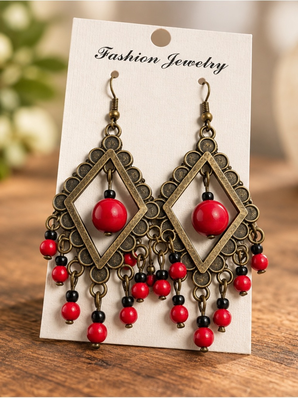 Fashion Jewelry Antique Gold-Tone Red Bead Chandelier Earrings